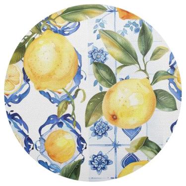 Imagem de Lemons Blue Flowers Tapetes redondos de 38 cm, tapetes para mesa de cozinha, tapetes de mesa laváveis em PVC, conjunto de 1