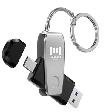 Imagem de MOSDART Flash Drive OTG USB 3.0 tipo C 2 em 1 de 128 GB com chaveiro, para iPhone 15, 16, 17, telefones Android, iPad, MacBook e laptops, prata