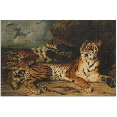 Imagem de Tigre Filhote Mãe Eugène Delacroix Pintura 500 Peças Quebra-cabeça para Adultos Engraçado Jogo de Quebra-cabeça Presentes Cool Puzzles para Adultos Jogo de Brinquedo Obra de Arte, 20,5 x 14,9