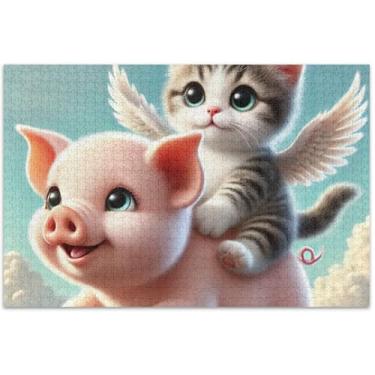 Imagem de Quebra-cabeça com estampa de porco, gato, gatinho, 500 peças, presentes para adultos, para amantes de quebra-cabeças, arte de flores, pintura animal, 51 x 35 cm