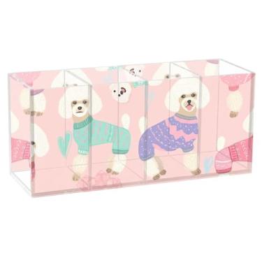 Imagem de TSENQUE Cute Poodles Dog Porta-lápis rosa personalizado para mesa, bonito marcador de acrílico, pincel de maquiagem, porta-copos, armazenamento de escritório, decoração de mesa