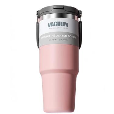 Imagem de FAMKX Caneca de viagem isolada com tampa 2 em 1 de 850 g com alça e canudo, copo térmico à prova de vazamento de aço inoxidável bidirecional à prova de vazamento (rosa, 850 g)