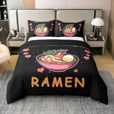Imagem de jejeloiu Capa de edredom Ramen 100% algodão, tamanho solteiro, meninos, meninas, K - Conjunto de cama de macarrão pop respirável, macio, comida coreana, 2 peças, gestos de coração, decoração de quarto