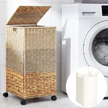 Imagem de Cinnvoice Cesto de lavanderia de vime rolante de 65 L, cesto de roupa suja com tampa, cesto de tecido decorativo com forro removível lavável, sacos e alças para roupas, jacinto de água natural