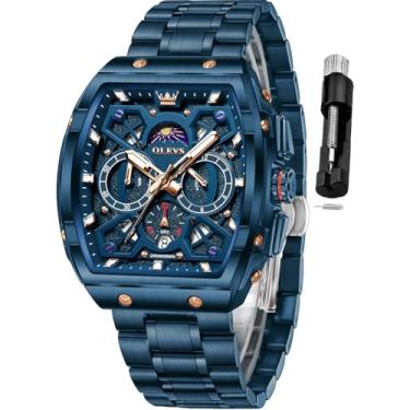 Imagem de OLEVS Relógio masculino para negócios, cronógrafo, quadrado, quartzo, analógico, masculino, pulseira de silicone, impermeável, presente de data, relógio masculino prata, Relógio de aço inoxidável azul