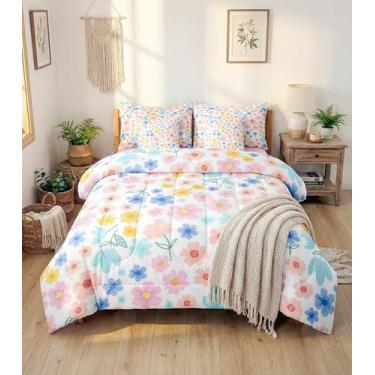 Imagem de Erosebridal Jogo de cama solteiro com estampa floral rosa, 7 peças, flores botânicas fofas, para jardim, coquete e lençol de cima, decoração de quarto de meninas