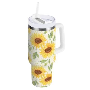 Imagem de Wassud Copo de girassóis amarelos com alça e tampa de canudo copo isolado garrafa de água de aço inoxidável à prova de vazamento caneca de viagem presentes para mulheres 850 g