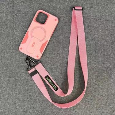 Imagem de Capa protetora magnética transversal com alça longa para iPhone 15, 16e Pro Max, 13 Pro e 14, à prova de choque, para esportes ao ar livre, rosa, para iPhone 15 Plus