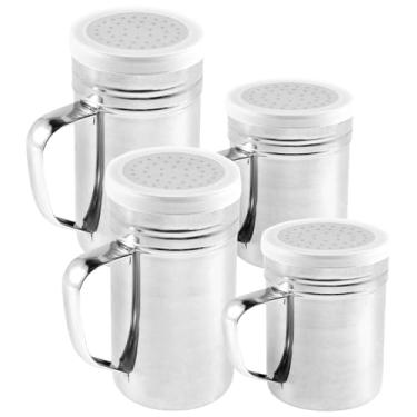 Imagem de 4 Pçs Saleiro de 283 g 396 g Dispensador de temperos de aço inoxidável Coqueteleira de temperos com alça e tampa de plástico, caixa de temperos com orifícios de descarga para cozinha de açúcar em pó