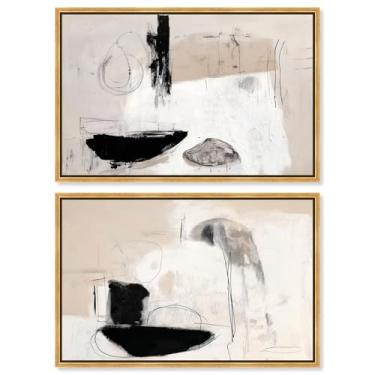 Imagem de Conjunto de 2 arte de parede com impressão em tela abstrata Neutral Harmony por Art Remedy, moldura dourada, 76 x 50 cm