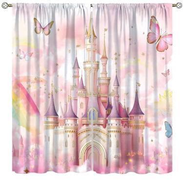 Imagem de Cortinas de castelo de princesa para meninas desenho animado rosa mágica fantasia nuvens arco-íris borboleta linda princesa castelo tratamentos de janela para crianças berçário quarto de bebê sala de