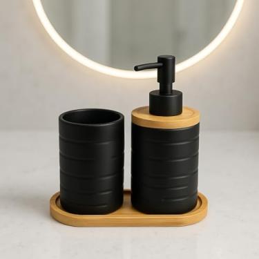 Imagem de Kit Banheiro Lavabo em Cerâmica com Dispenser para Sabonete Líquido e Porta Escova de Dente Decorativo(PRETO BAMBU LINHAS)