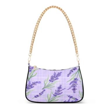 Imagem de Bolsa de ombro de corrente roxa clara xadrez lavanda aquarela, bolsa feminina Hobo com alça dourada, bolsa média diária para celular, armazenamento de cosméticos