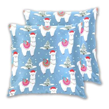 Imagem de Joitme Conjunto de 2 capas de almofada de Natal Lhamas Papai Noel azul para decoração de sofá e cama, 45 x 45 cm, 2 peças