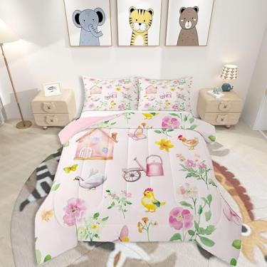 Imagem de jejeloiu Conjunto de cama solteiro com estampa de galinha, animais de fazenda, para crianças, meninos, meninas, berçário, edredom floral, microfibra, 2 peças com 1 fronha