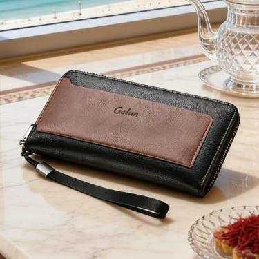 Imagem de Carteira longa masculina vintage, carteira de couro com zíper único com grande capacidade e vários compartimentos para cartões, organizador retrô com bloqueio de RFID com bolso para documentos (preto)