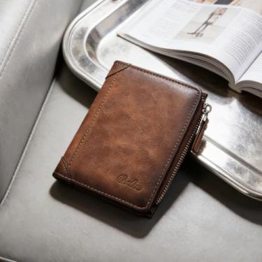 Imagem de Carteira masculina de couro sintético de grão de lichia aberta curta marrom claro para negócios, design aberto curto com couro sintético de grão de lichia para uso diário confortável