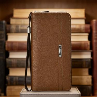 Imagem de Carteira ultrafina universal simples marrom claro com fivela curta em relevo em couro legítimo, design curto marrom claro simples com fivela, padrão em relevo, ultrafina