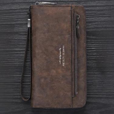 Imagem de Carteira masculina retrô, marrom escuro, grande capacidade, padrão de verificação magnética, couro liso, confortável, retrô, marrom escuro, design de grande capacidade com fecho magnético, padrão