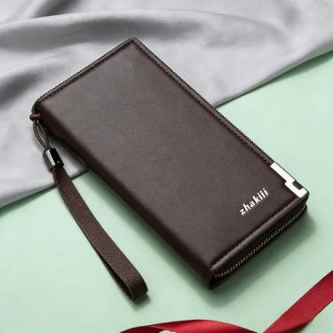 Imagem de Carteira masculina clássica marrom escuro de couro liso de grão fosco e confortável, design clássico marrom escuro com couro macio de grão fosco e sensação confortável