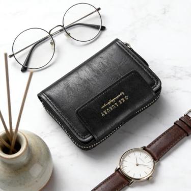 Imagem de Carteira masculina clássica, preta, listrada, listrada, de camurça, fácil de transportar, design clássico com zíper portátil com estampa listrada de camurça e formato compacto de fácil transporte