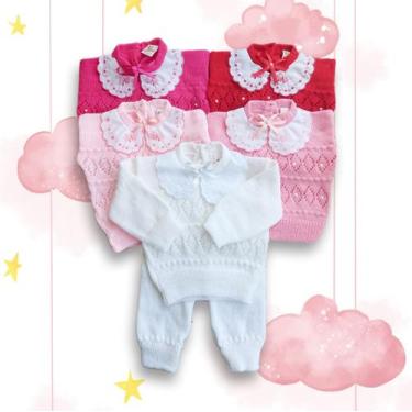 Imagem de Conj Tricô Lã Bebê Agasalho Luxo Blusa com Pérolas (meninas) e Renda B