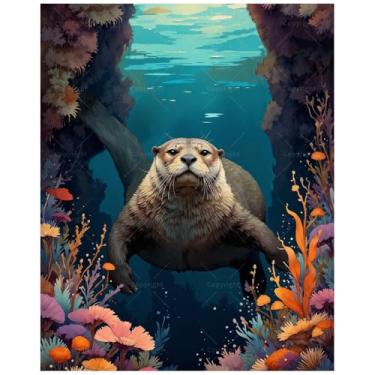 Imagem de Kit de pintura de lontra subaquática por números para adultos - DIY lontra marinha nadando com pintura coral colorida em tela 40,6 x 50,8 cm, conjunto de tinta acrílica para iniciantes, arte para