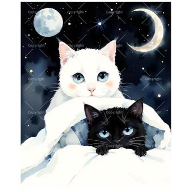 Imagem de Kit de pintura de fundo iluminada pela lua por números para adultos - DIY pintura de gatos pretos e brancos à noite em tela 40 x 50 cm, conjunto de tinta acrílica, adequado para iniciantes, arte para