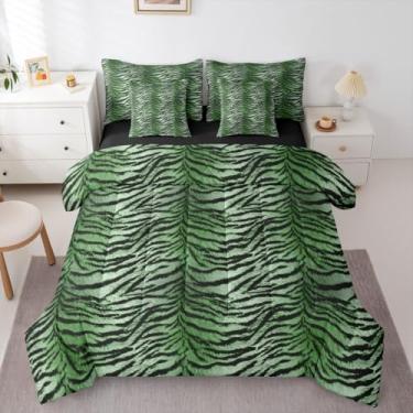 Imagem de Erosebridal Conjunto de edredom Queen com estampa de tigre (verde brilhante gradiente) para crianças, adolescentes e adultos | Conjunto de cama de 7 peças com estampa de animais selvagens, estampa de