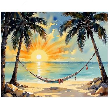 Imagem de TAOPAOLAB Kit de pintura de praia tropical nascer do sol por números para adultos - DIY palmeiras e rede, pintura em tela, 40,6 x 50,8 cm, conjunto de tinta acrílica, adequado para iniciantes, arte