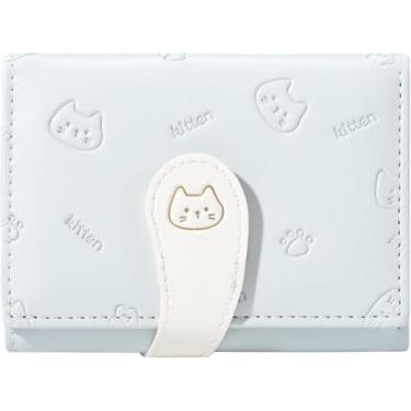 Imagem de Carteira pequena de couro PU dobrável com porta-cartões de identidade para mulheres, Azul, Gato fofo