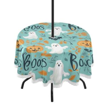 Imagem de Wassud Toalha de mesa redonda para uso ao ar livre com orifício para guarda-chuva, abóboras de Halloween (2) toalhas de mesa de pátio de 152 cm para aniversário, casa de fazenda, cozinha