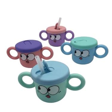 Imagem de Copo Infantil Com Tampa E Canudo Duas Abas, Copos Coloridos Com Expressões Divertidas, 280ML (Rosa)