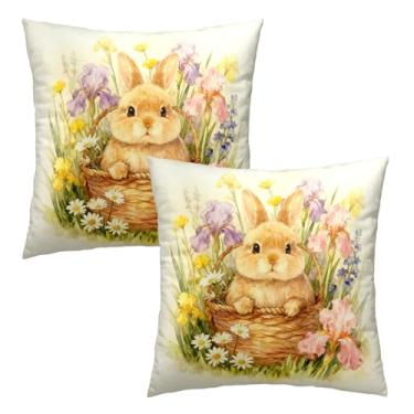 Imagem de Kwlegh Capas de almofada de Páscoa Aquarela Adorável Coelho 45,7 x 45,7 cm Primavera Coelho com Margarida Íris Fronhas Florais Feliz Páscoa Fazenda Capas de Almofada para Sofá Doméstico Pacote com 2