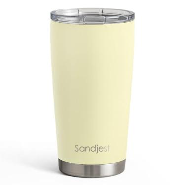 Imagem de SANDJEST Copo de aço inoxidável de 590 ml, caneca isolada a vácuo de parede dupla com tampa, xícara de café de viagem para mulheres, meninas, amigas, irmãs, presente para aniversário, Natal (Manteiga)