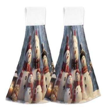 Imagem de Blueangle 2 peças de toalhas de gravata penduradas de Natal boneco de neve toalha de mão de cozinha absorvente macio coral veludo pano de pano para cozinha banheiro (556)