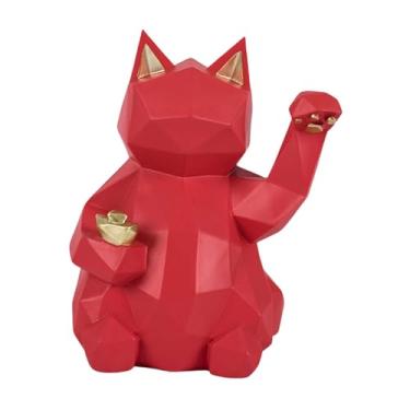 Imagem de Ｂｅｓｇａ Estatueta de resina de gato da sorte Feng Shui, com braço acenando, estilo desenho animado, escultura criativa para mesas e sala de estar, Vermelho