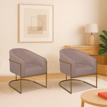 Imagem de Kit 2 Poltronas Decorativa Jade Moderno Escritório Confortável Luxo Base De Ferro Dourado Linho Cor Rosê