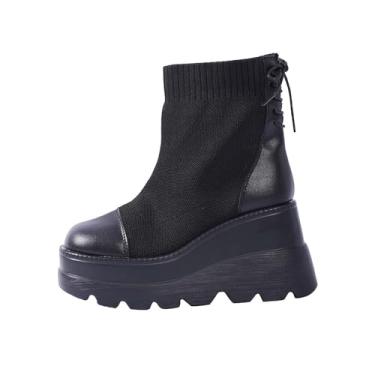 Imagem de Botas curtas modernas de perna elástica para mulheres inverno casual versátil bico redondo sólido cadarço traseiro fundo grosso salto cunha bota tornozelo, Preto, 36