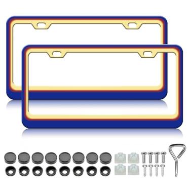 Imagem de Moldura de placa de licença Blue Line - 2 peças linhas coloridas engraçadas alumínio metal suporte de placa de licença, à prova de ferrugem, à prova de ferrugem, molduras decorativas para carro