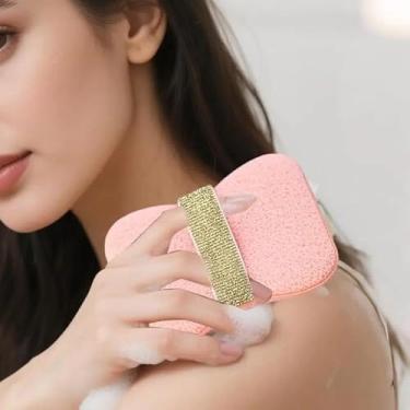 Imagem de Escova de esponja de banho dupla face 2 em 1 superfície grossa/fina para limpeza de banho bolsa de espuma escova de banho esfoliante corporal (rosa, grossa)