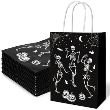 Imagem de JarThenaAMCS 24 peças de sacos de presente de papel de Halloween, sacos pretos de esqueleto dançando com alças, sacolas de guloseimas de doces, sacolas de compras de supermercado para suprimentos de