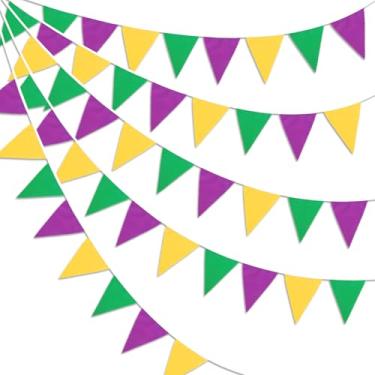 Imagem de Bandeira, triângulo, carnaval, bandeira, decorações de festa, roxo verde e dourado, tecido metálico, triângulo, bandeira, bandeira, pendurada, guirlanda para baile de máscaras, artigos de festa