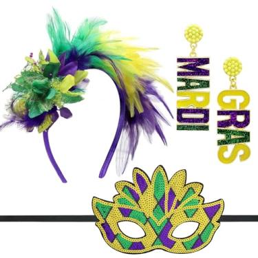 Imagem de Aswitnove 3 peças coloridas de fantasia de carnaval para mulheres, brincos pendentes de carnaval com contas e penas falsas, faixa de cabeça de carnaval, festa de chá, Conjunto de flores de carnaval B
