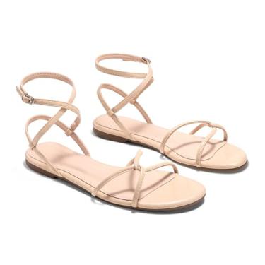 Imagem de Coutgo Sandálias rasteiras femininas com tiras abertas e tiras cruzadas com cadarço e tira no tornozelo, sapatos de praia elegantes para o verão, Nude., 39
