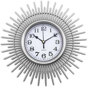 Imagem de SUKYING Sunburst Relógio de parede pequeno de 25 cm, relógio analógico redondo prateado operado por bateria, relógio de parede decorativo moderno para sala de estar, cozinha, escritório, banheiro