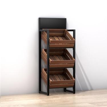 Imagem de Prateleiras comerciais de vegetais e frutas – Rack de exibição de varejo de 3/4 níveis com cestas de madeira, suporte de lanche de grande capacidade para supermercados e cozinhas, organizador de