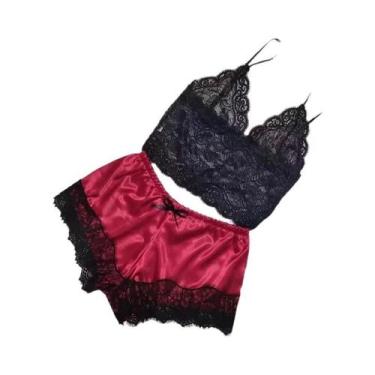 Imagem de Conjunto De Pijamas Femininos Sexy De Renda, Sem Mangas, Com Decote Em