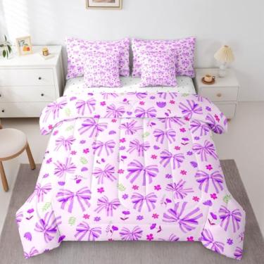 Imagem de Feelyou Conjunto de edredom com laço roxo fofo para meninas, 7 peças, lençol de solteiro, com laço e laço de flor, para decoração de quarto, respirável, macio e leve de microfibra