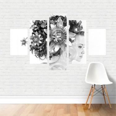 Imagem de Quadro Preto Branco Mulher Arte Cachos Plantas Flores Canvas